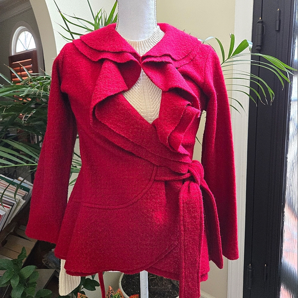 Cascading Rufflle Wrap Coat Jacket with Tie